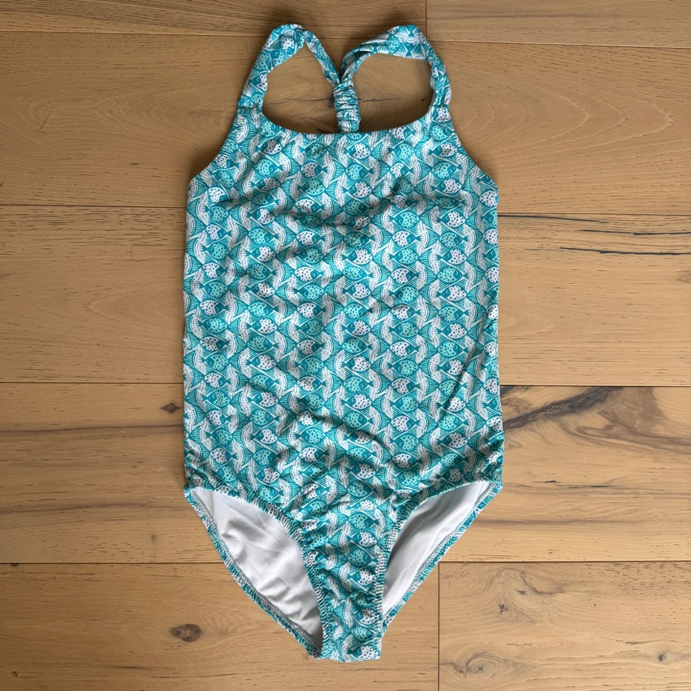 Garnet Hill Girls Teal White Fish Print One Piece Swimsuit Size 10 Racerback